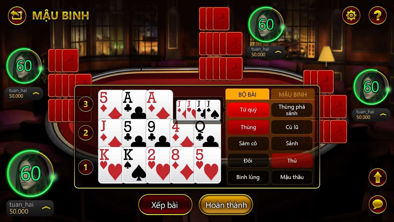 Chơi game Mậu Binh dùng binh ba phé bắn bài để tăng tỉ lệ thắng bài